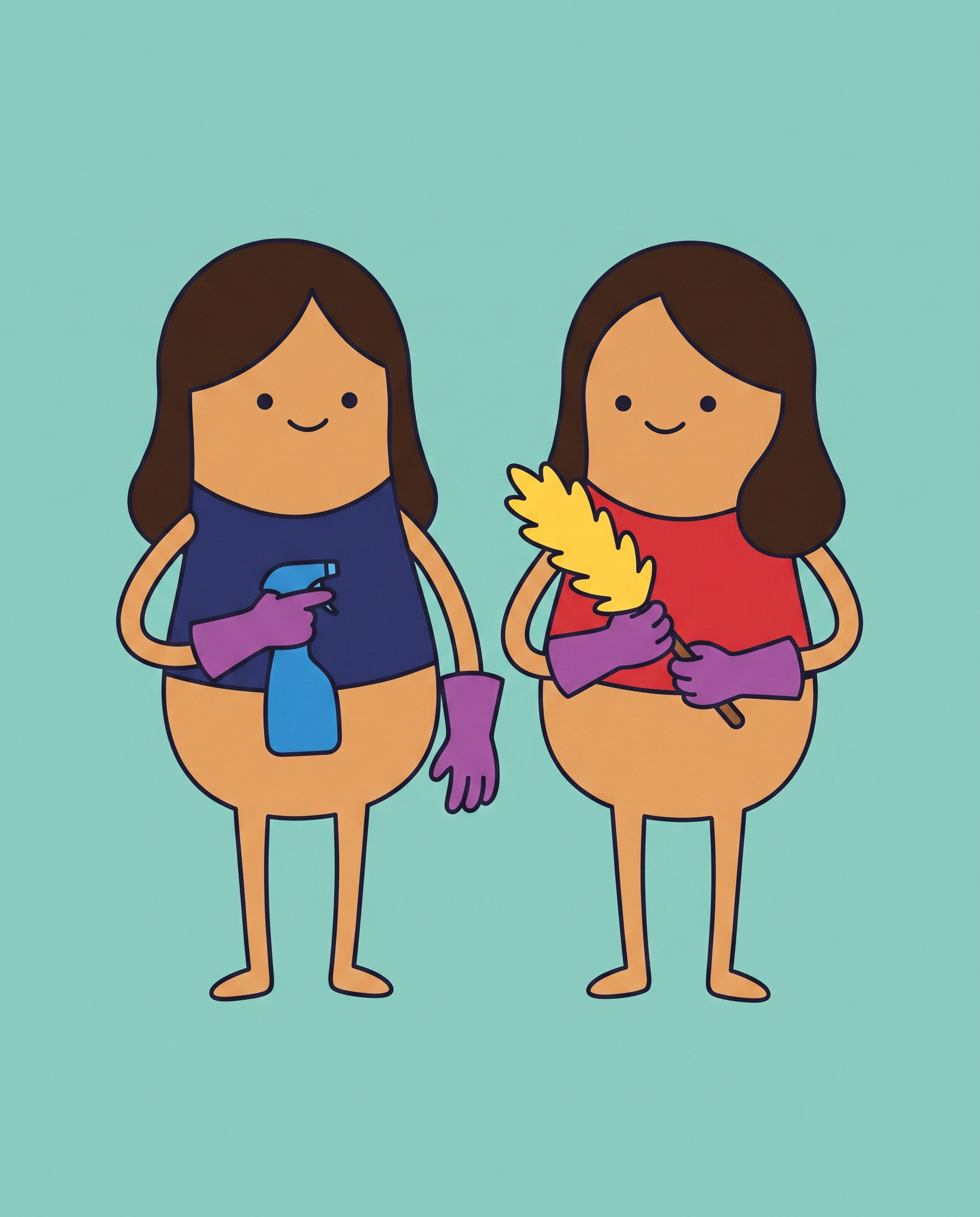 Illustrated cartoon of the two Sisters Cleaning Service owners holding cleaning supplies